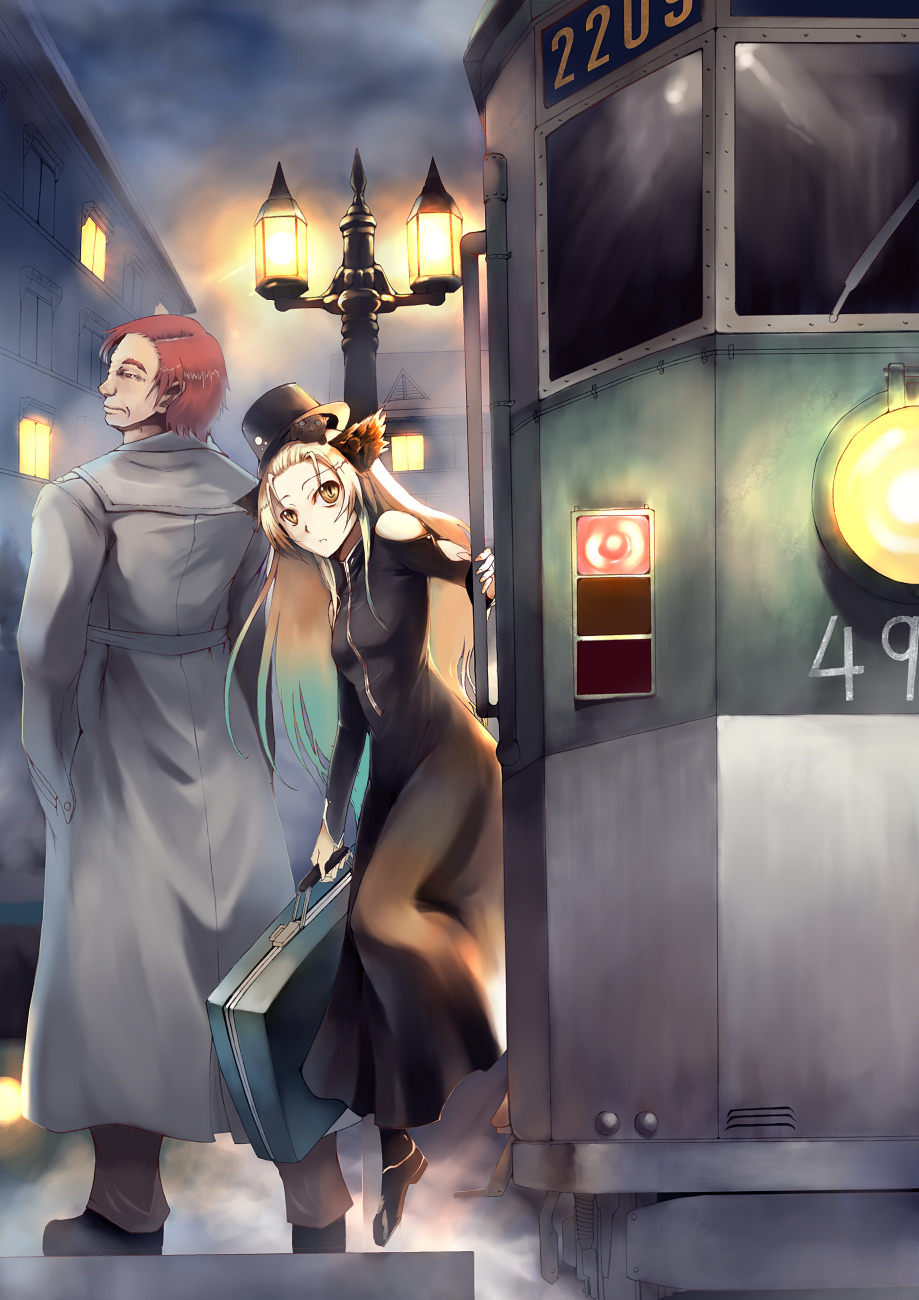 bad_id blonde_hair cat cat_ears hat highres original red_eyes red_hair redhead sts suitcase train tram trench_coat trenchcoat yellow_eyes