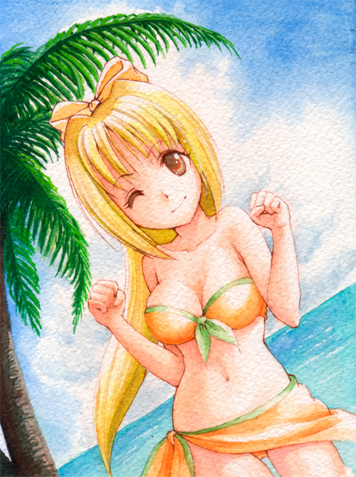 blonde_hair brown_eyes dutch_angle long_hair making marin palm_tree ponytail sarong swimsuit traditional_media tree umi_monogatari wink