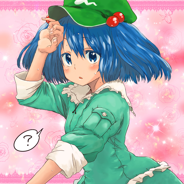 ? bad_id blue_eyes blue_hair blush colored_eyelashes hair_bobbles hair_ornament hands hat kawashiro_nitori matsutani solo sweat touhou twintails