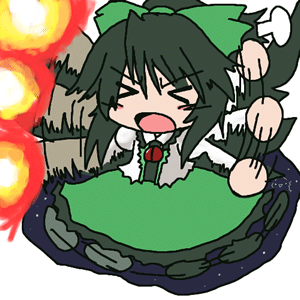 &gt;_&lt; 1girl animated arm_cannon black_hair bow cape chibi hair_bow long_hair lowres open_mouth reiuji_utsuho skirt solo tantrum third_eye touhou weapon wings