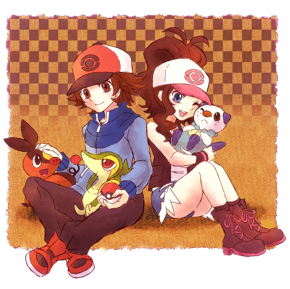 1boy 1girl baseball_cap blue_eyes brown_eyes brown_hair hat kabocha_torute oshawott poke_ball pokemon pokemon_(creature) pokemon_(game) pokemon_black_and_white pokemon_bw ponytail snivy tepig touko_(pokemon) touya_(pokemon) wink