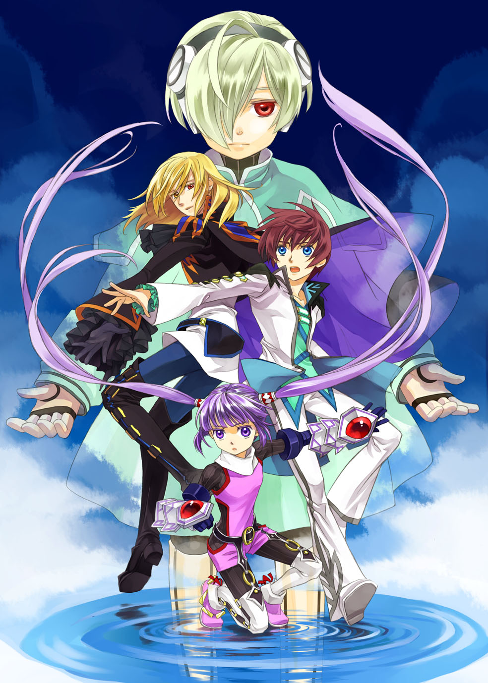 3boys asbel_lhant blonde_hair blue_background blue_eyes brown_hair cravat grey_hair heterochromia highres kurosuna lambda multiple_boys purple_eyes purple_hair red_eyes richard_(tales_of_graces) sophie_(tales_of_graces) tales_of_(series) tales_of_graces twintails violet_eyes yellow_eyes