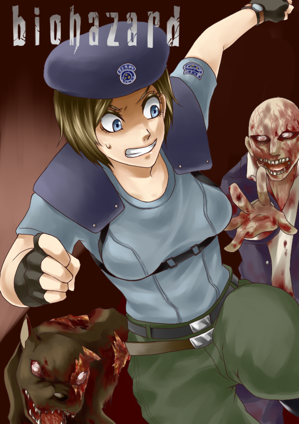 belt beret blue_eyes brown_hair capcom dog female fingerless_gloves gloves hat jill_valentine legemd resident_evil running scared short_hair shoulder_pads uniform watch you_gonna_get_raped zombie