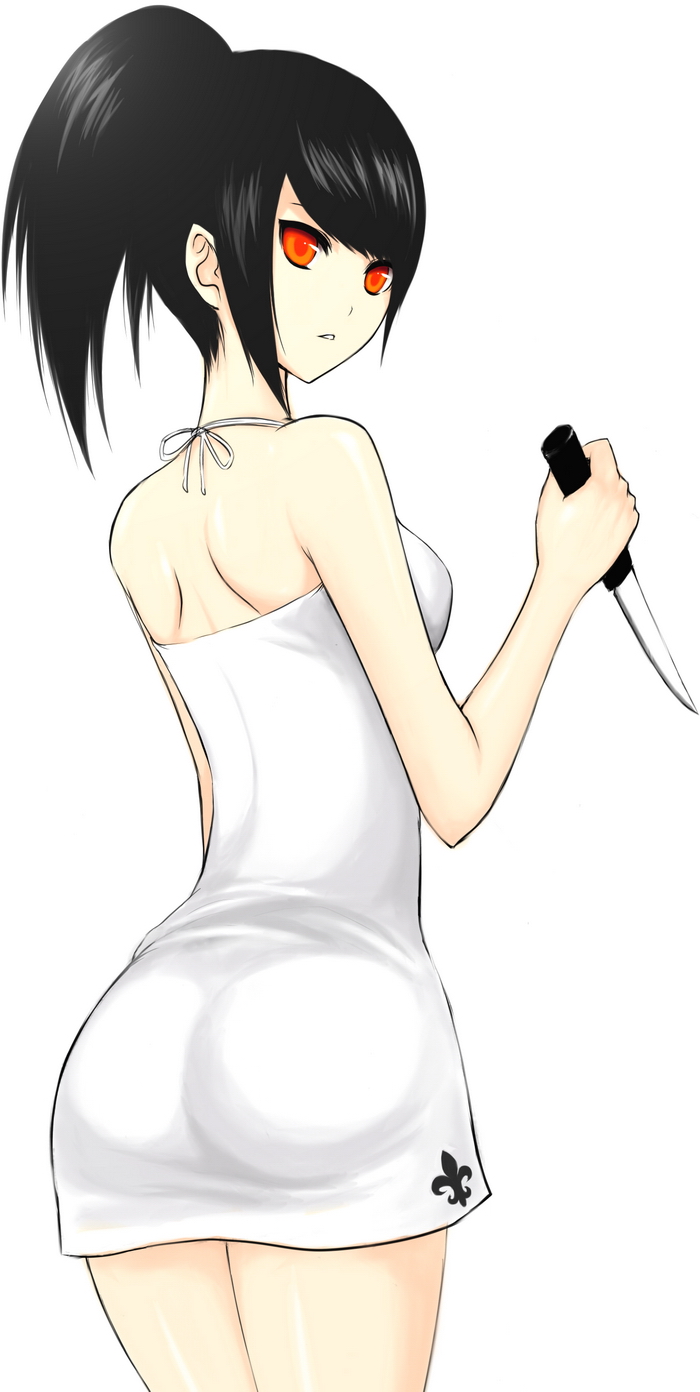 :o ass back bare_shoulders black_hair chikage36 dress fleur_de_lis from_behind highres holding knife looking_back orange_eyes original parted_lips ponytail reverse_grip simple_background solo white_background