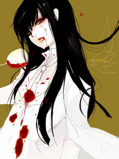 black_hair blood blood_on_face cup formal genderswap girlycard heart hellsing hellsing:_the_dawn long_hair necktie pant_suit red_eyes sabir solo suit white_suit wine_glass