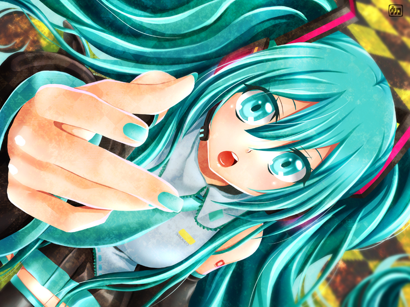 aqua_hair detached_sleeves hatsune_miku headset nail_polish necktie outstretched_arm outstretched_hand pengin_guriko reaching twintails vocaloid