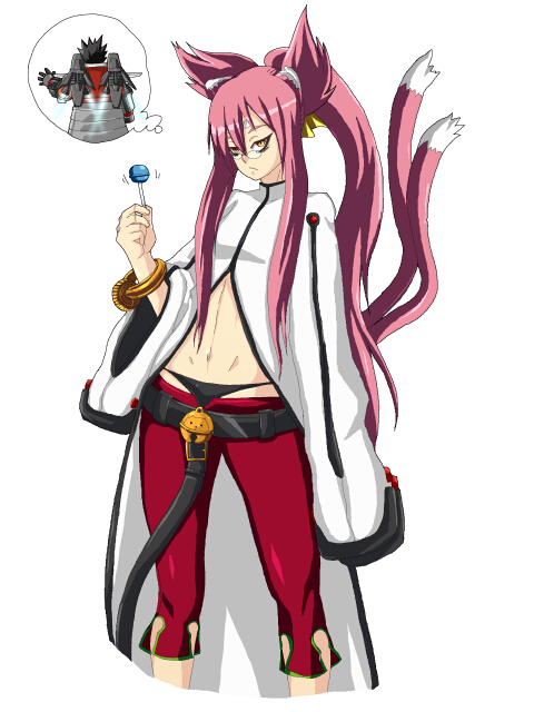 animal_ears bell black_panties blazblue bracelet cat_ears cat_tail female glasses iron_tager kokonoe labcoat lollipop long_hair male midriff multiple_tails orange_eyes panties pants pao2 pink_hair ponytail ribbon tail yellow_ribbon