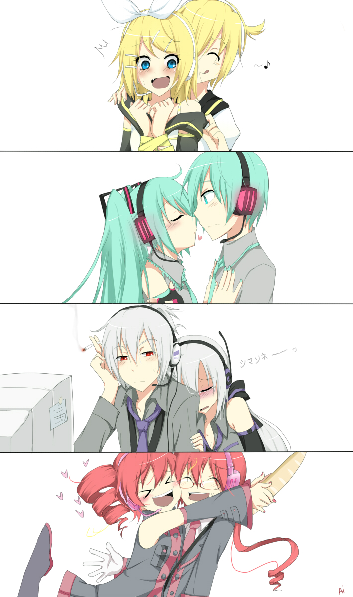 &gt;_&lt; ai_(kuroha-chan) aqua_eyes aqua_hair bdsm blonde_hair blush bondage cigarette computer detached_sleeves drill_hair fang genderswap hair_ornament hair_ribbon hairclip hatsune_miku hatsune_mikuo headphones headset heart highres honne_dell kagamine_len kagamine_rin kasane_ted kasane_teto kuroha_ai musical_note ponytail red_eyes red_hair redhead ribbon silver_hair smile tears tongue twintails undressing utau vocaloid voyakiloid yowane_haku