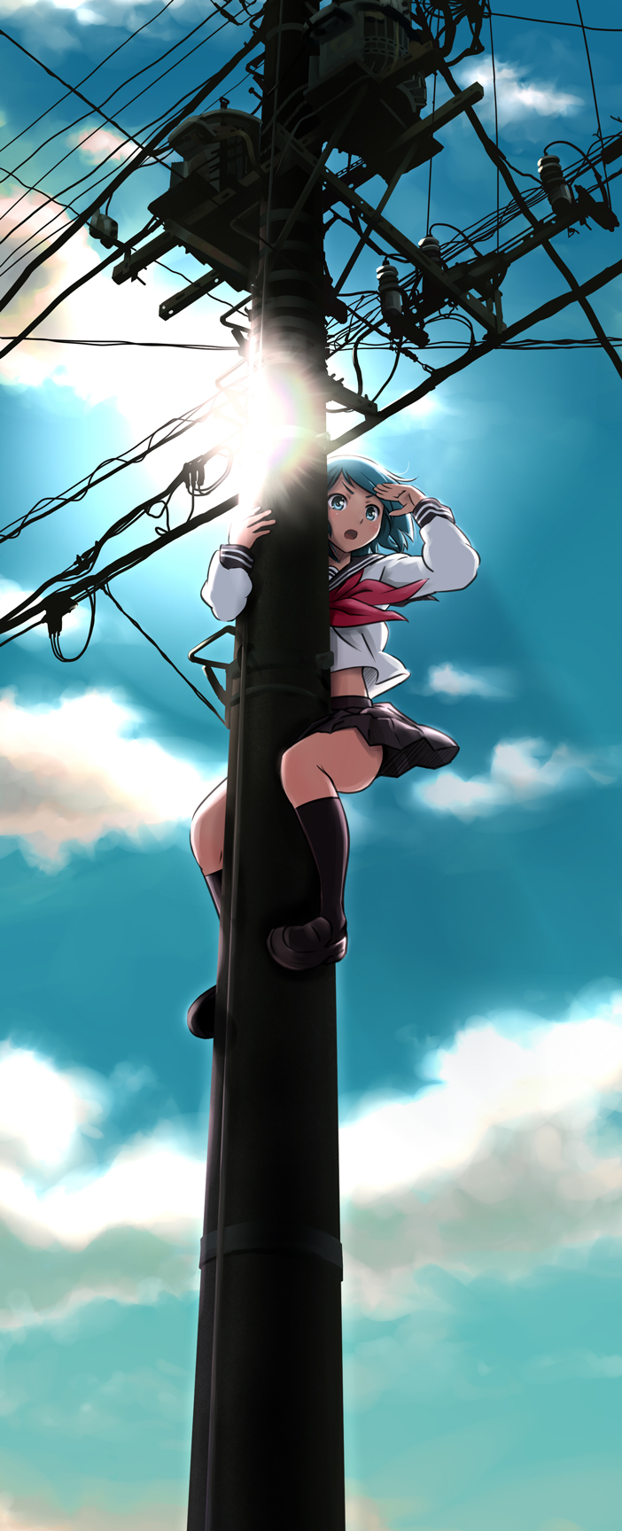 blue_hair climbing cloud clouds highres kneehighs kuinji_51go legs lens_flare long_image original power_lines school_uniform serafuku shading_eyes short_hair skirt sky socks solo sunlight tall_image telephone_pole wind windy