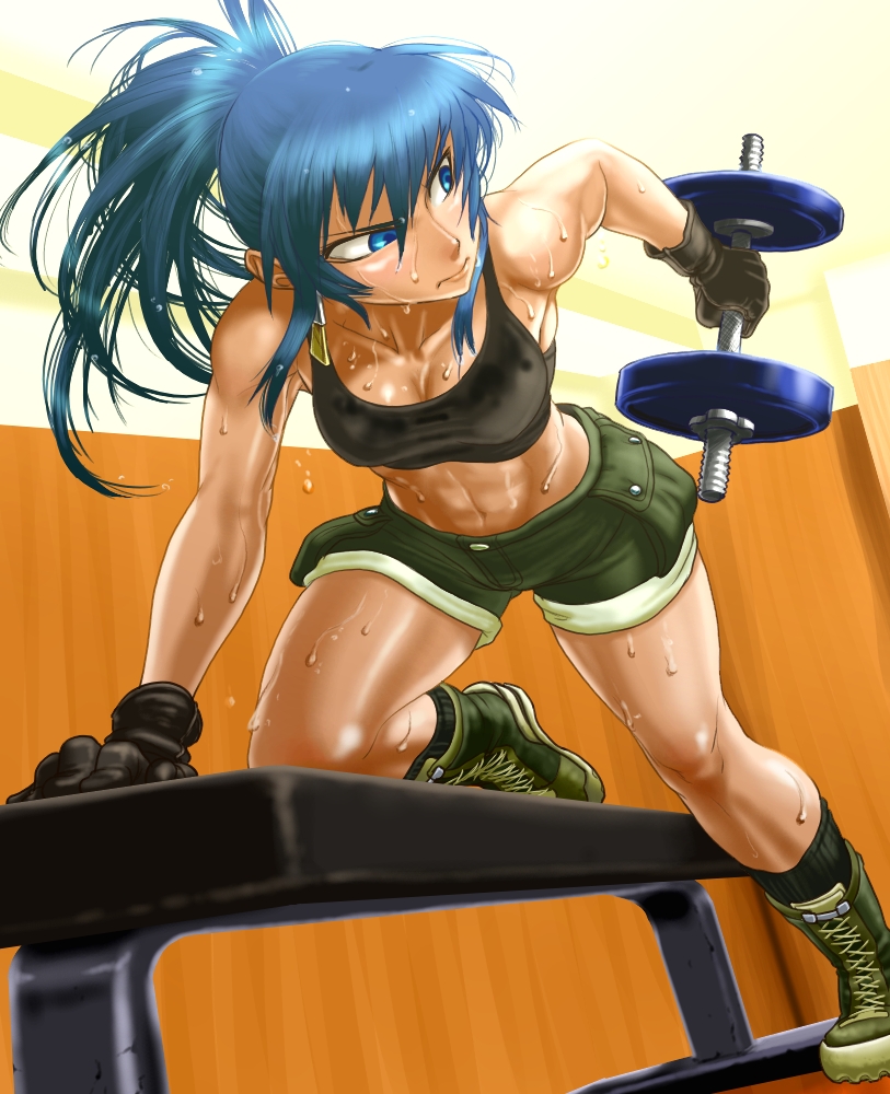 blue_eyes blue_hair boots boro breasts cleavage earrings gloves jewelry king_of_fighters leona_heidern long_hair midriff muscle navel ponytail shorts snk solo sweat tank_top weight weightlifting weights working_out
