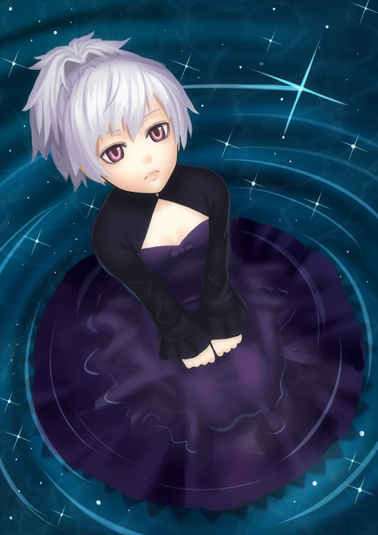 dress from_above k+ ponytail silver_hair solo water yin
