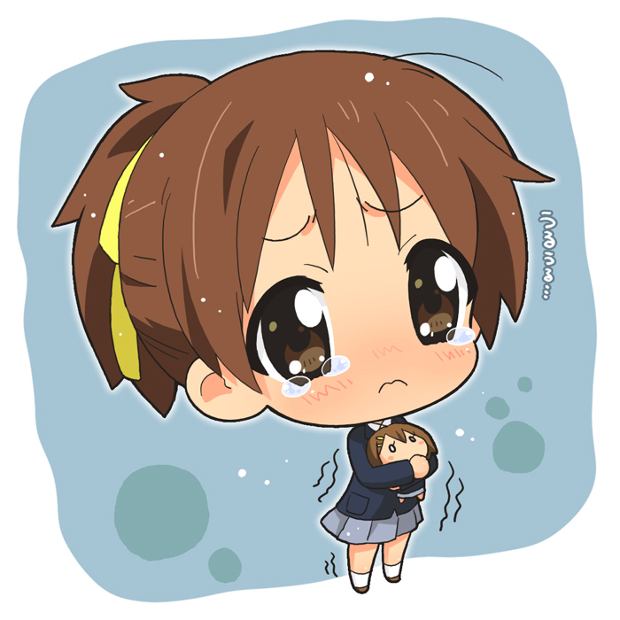 brown_hair chibi doll hahifuhe hirasawa_ui hirasawa_yui k-on! ponytail school_uniform short_hair tears trembling