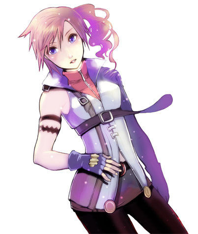 belt female final_fantasy final_fantasy_xiii fingerless_gloves gloves lightning_(ff13) long_hair miniskirt miso_katsu pink_hair ponytail side_ponytail skirt sleeveless_turtleneck solo turtleneck violet_eyes