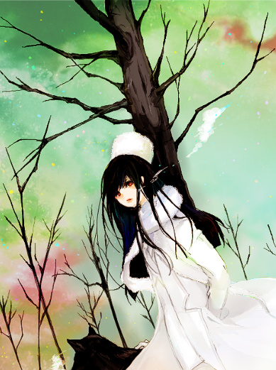 animal black_hair breath dog fur_hat genderswap girlycard hat hellsing hellsing:_the_dawn lowres red_eyes sabir scarf sky solo tree