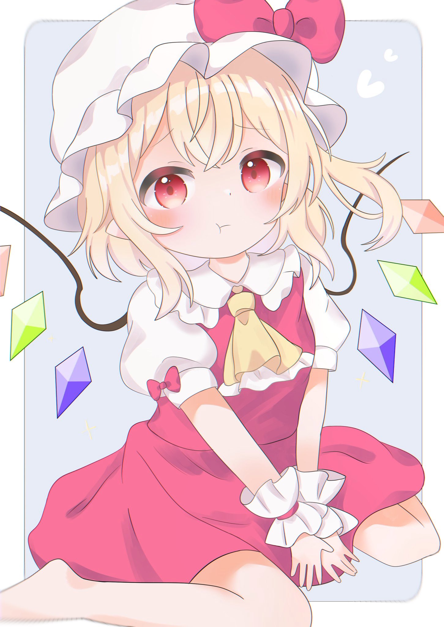 :t ascot barefoot blonde_hair bow closed_mouth crystal flandre_day flandre_scarlet full_body grey_background hat hat_bow highres looking_at_viewer mob_cap one_side_up pafe_haumen pointy_ears pout red_bow red_eyes seiza short_hair simple_background sitting touhou v_arms white_headwear wings wrist_cuffs yellow_ascot
