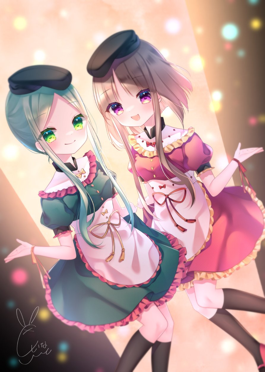 2girls apron artist_name bangs black_background black_headwear black_legwear bow breasts brown_hair buttons cacao_(cacaomgmg) commentary_request door dress eyes_visible_through_hair frills gradient gradient_background green_dress green_eyes green_hair hands_up hat highres medium_breasts multiple_girls nishida_satono open_door orange_background parted_bangs pink_dress pink_footwear puffy_short_sleeves puffy_sleeves red_bow shoes short_hair short_hair_with_long_locks short_sleeves signature socks standing teireida_mai touhou violet_eyes white_apron yellow_bow