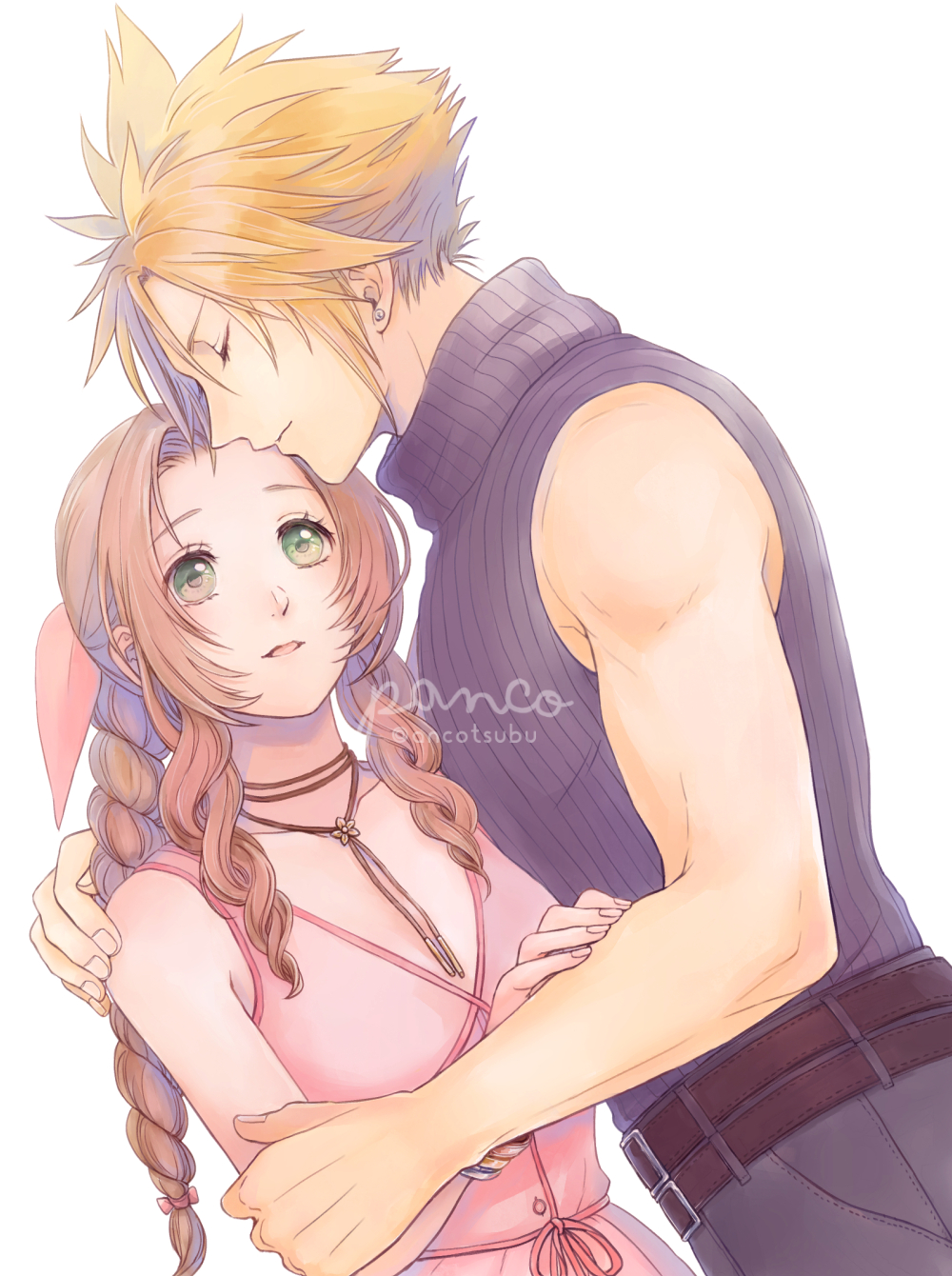 1boy 1girl aerith_gainsborough ancotsubu arm_around_shoulder armor_removed bangle bangs bare_arms belt blonde_hair blue_pants blue_shirt bracelet braid braided_ponytail breasts brown_hair choker closed_eyes cloud_strife couple dress earrings final_fantasy final_fantasy_vii final_fantasy_vii_remake green_eyes hair_ribbon hand_on_another's_arm highres jewelry kiss kissing_forehead medium_breasts multiple_belts multiple_bracelets pants parted_bangs pink_dress ribbon shirt single_earring sleeveless sleeveless_turtleneck spiky_hair turtleneck upper_body white_background