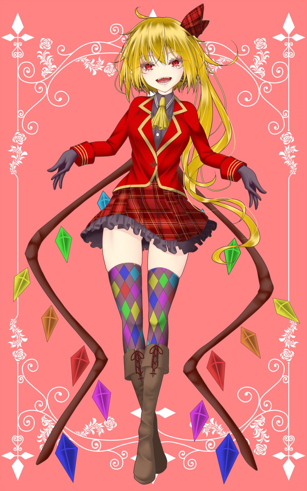 1girl :d alternate_costume ascot bangs black_gloves blonde_hair boots brown_footwear crystal dai_zu_san flandre_day flandre_scarlet frilled_skirt frills full_body gloves highres long_sleeves looking_at_viewer multicolored_clothes multicolored_legwear one_side_up open_mouth plaid plaid_skirt red_background red_eyes red_skirt simple_background skirt smile solo teeth touhou wings yellow_ascot