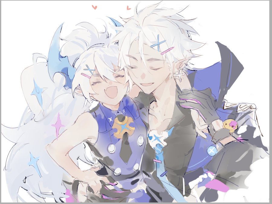 1boy 1girl chiliarch_(elsword) ciel_(elsword) closed_eyes cross cross_earrings demon_girl demon_horns dreadlord_(elsword) earrings elsword facing_viewer fang gloves horns hug jewelry linbai22 long_hair luciela_r._sourcream open_mouth pointy_ears sketch smile twintails white_background