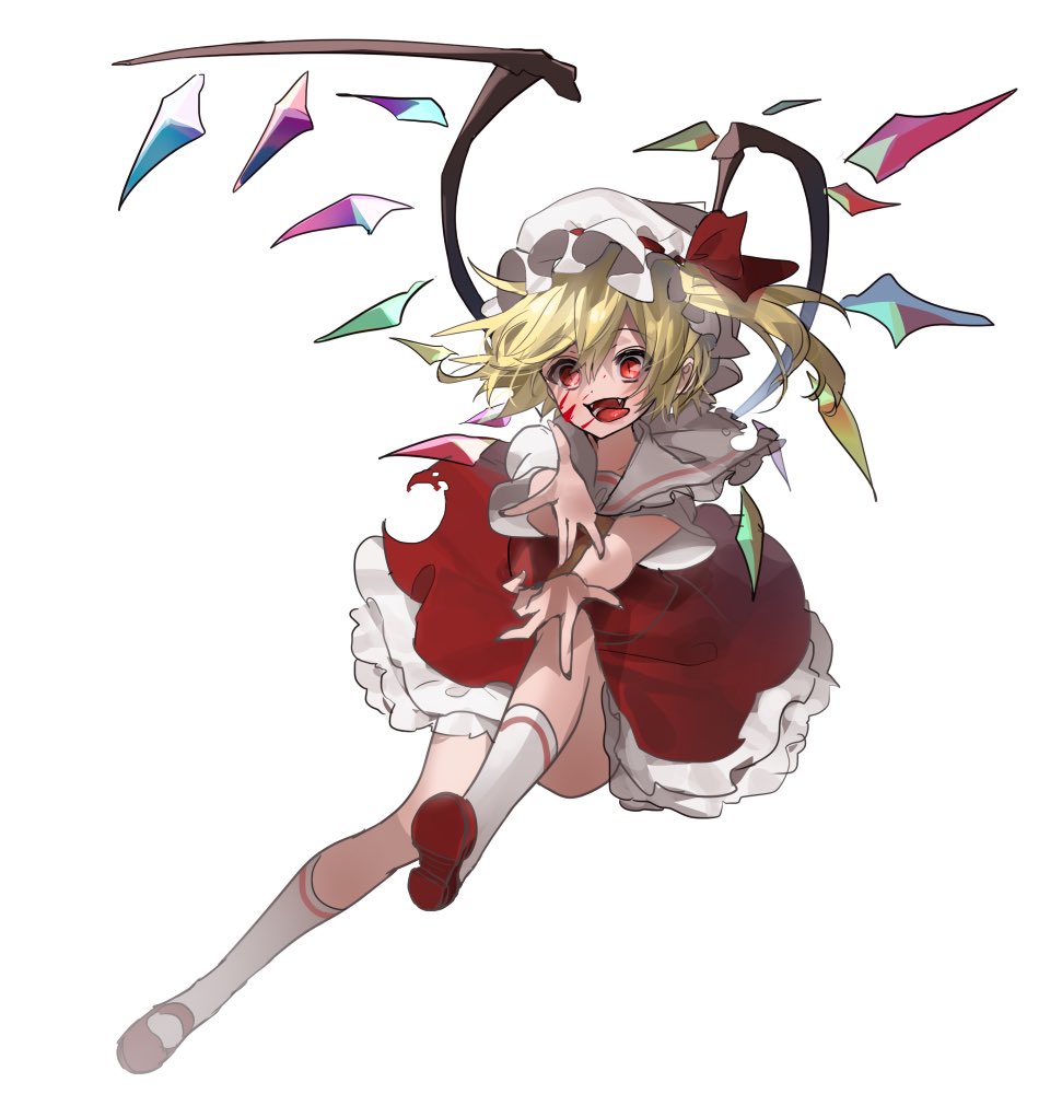 1girl ankle_socks blonde_hair blood blood_on_face bow collared_shirt crazy_smile crystal dynamic_pose fangs flandre_scarlet frilled_skirt frills full_body hat hat_bow looking_at_viewer magonuri mary_janes medium_hair mob_cap one_side_up outstretched_arms red_bow red_eyes red_footwear red_skirt red_vest shirt shoes short_sleeves skirt skirt_set slit_pupils socks solo tongue tongue_out torn_clothes touhou unkempt vest white_background white_headwear white_legwear white_shirt wings