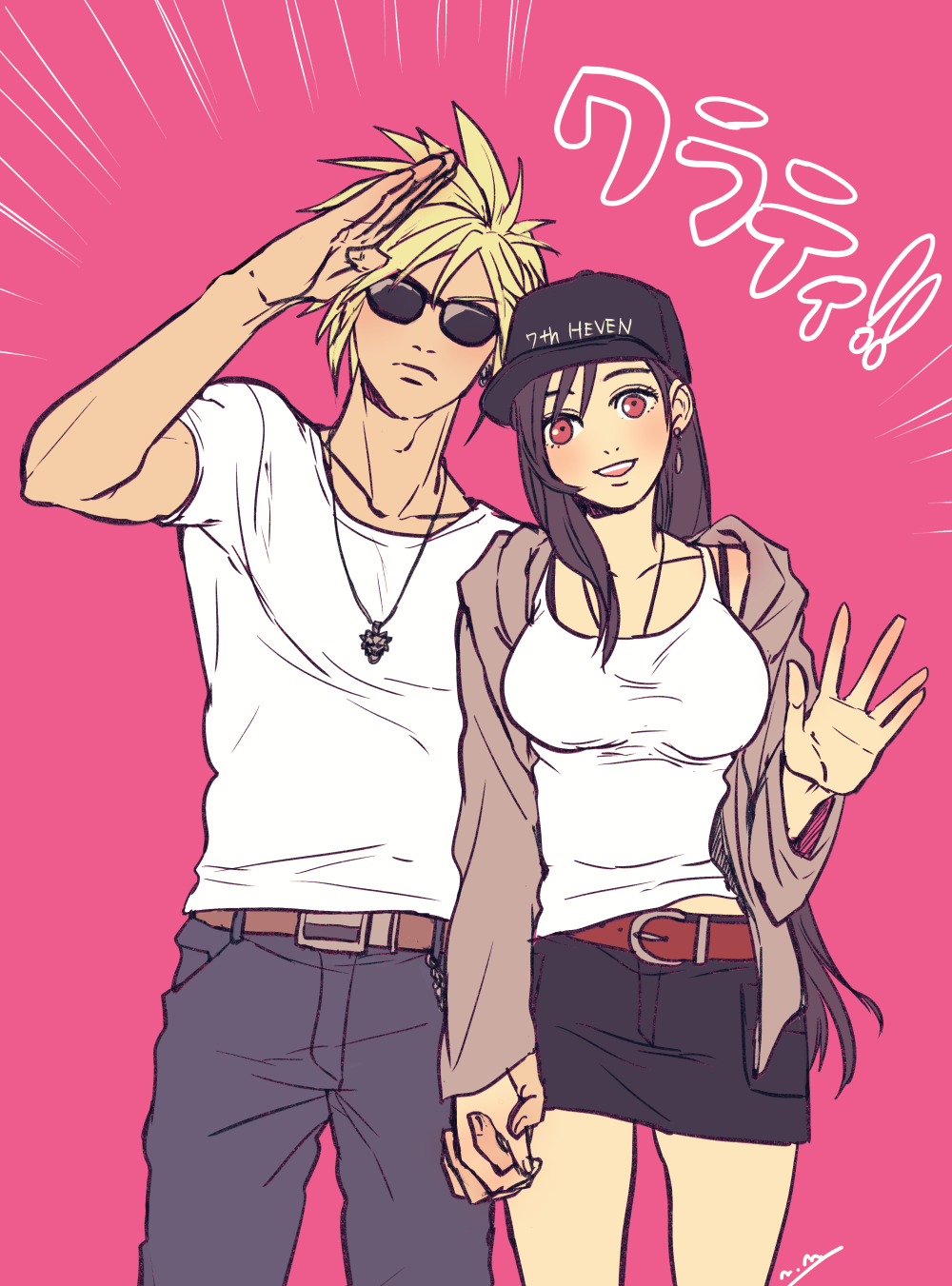 1boy 1girl belt black_hair blonde_hair breasts casual cloud_strife collarbone couple final_fantasy final_fantasy_vii final_fantasy_vii_remake hat highres holding_hands jewelry large_breasts long_hair looking_at_viewer necklace nidou_(rechlo) open_clothes pants pink_background red_eyes salute shirt simple_background skirt sunglasses t-shirt tank_top tifa_lockhart white_tank_top