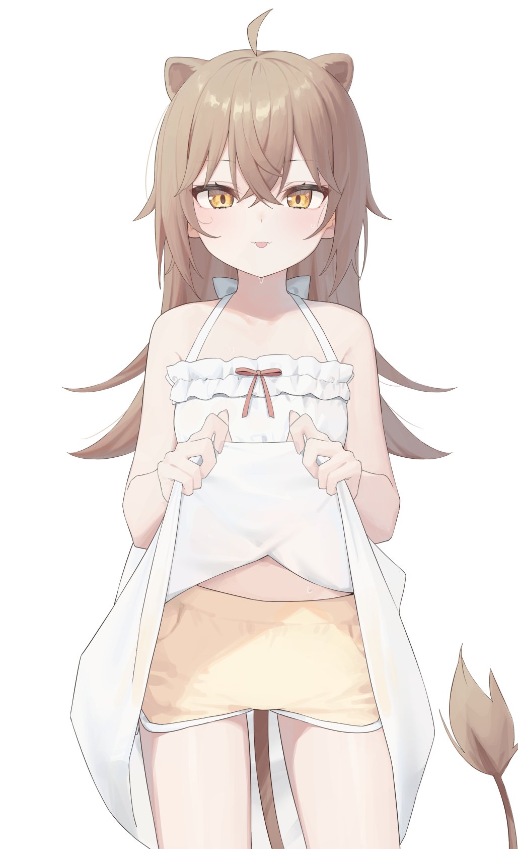 1girl :p ahoge animal_ears bare_arms bare_shoulders briefs brown_hair clothes_lift cowboy_shot dress dress_lift halter_dress halterneck highres indie_virtual_youtuber lifted_by_self lion_ears lion_girl lion_tail long_hair looking_at_viewer male_underwear rurudo_lion sleeveless sleeveless_dress solo spiky_hair sundress sweat syhan tail tongue tongue_out underwear virtual_youtuber white_dress yellow_eyes