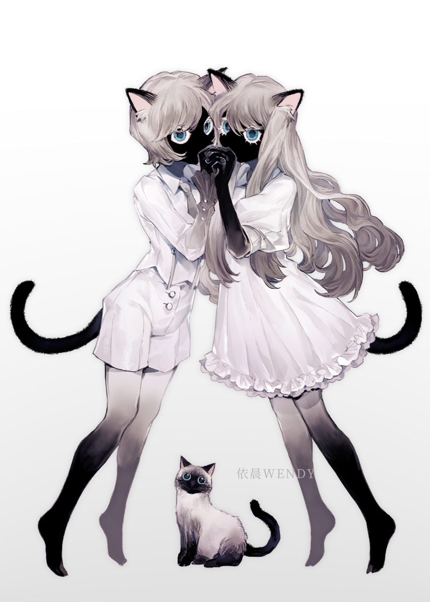 1boy 1girl animal_ears black_skin black_tail blonde_hair blue_eyes buttons cat cat_boy cat_ears cat_girl cat_tail chinese_commentary collared_shirt colored_skin commentary_request dress frilled_dress frills full_body highres holding_hands long_hair long_sleeves original shirt short_hair short_sleeves shorts siamese_cat tail white_background white_dress white_shirt white_shorts yichen_wendy