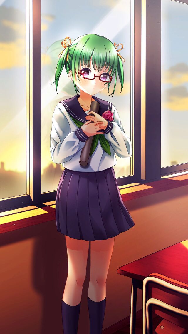 1girl classroom closed_mouth collarbone collared_shirt doukyuusei_another_world game_cg glasses green_hair green_neckerchief hair_ribbon hirasawa_hiroko indoors kakyuusei_2 kneehighs long_sleeves miniskirt neckerchief pleated_skirt purple_legwear purple_sailor_collar purple_skirt rectangular_eyewear red-framed_eyewear ribbon sailor_collar sailor_shirt school_uniform serafuku shiny shiny_hair shirt short_hair skirt solo standing twintails violet_eyes white_shirt yellow_ribbon