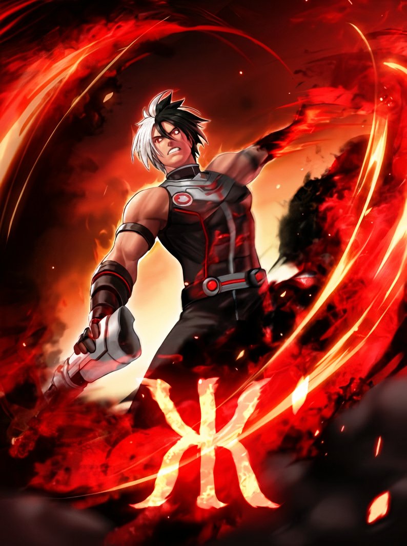 1boy black_hair fire flame glowing glowing_eyes male_focus metal_gloves multicolored_hair muscular muscular_male nameless_(kof) official_art pyrokinesis red_eyes snk solo the_king_of_fighters the_king_of_fighters_2002 the_king_of_fighters_all-stars two-tone_hair white_hair