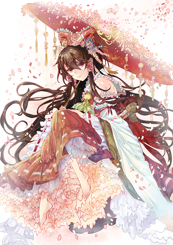 1girl ascot barefoot blue_flower bow brown_hair cherry_blossoms closed_mouth commentary detached_sleeves falling_petals floating_hair flower flower_request frilled_bow frilled_hair_tubes frills guaili_luanshen hair_between_eyes hair_bow hair_flower hair_ornament hair_tubes hakurei_reimu holding holding_umbrella long_hair looking_at_viewer parasol petals pink_flower red_bow red_eyes red_skirt red_vest ribbon-trimmed_skirt ribbon-trimmed_sleeves ribbon_trim sidelocks skirt skirt_set smile solo tassel touhou umbrella very_long_hair vest white_sleeves wide_sleeves yellow_ascot yellow_flower