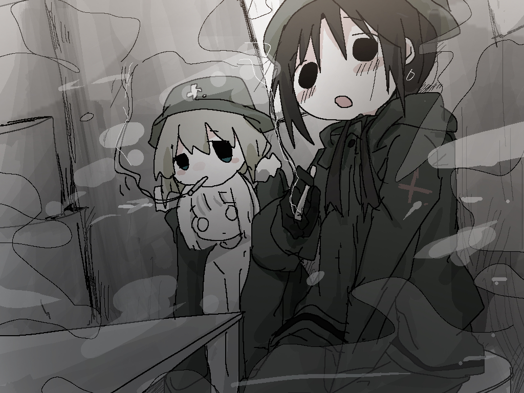 3girls black_eyes black_hair blonde_hair blue_eyes blush brodie_helmet chito_(shoujo_shuumatsu_ryokou) cigarette coat creature fur-trimmed_coat fur_trim ghost green_coat green_pants helmet holding holding_cigarette kuroshiro0505 low_twintails military_helmet multiple_girls pale_skin pants shoujo_shuumatsu_ryokou smoke smoke_trail smoking stahlhelm tareme twintails yuuri_(shoujo_shuumatsu_ryokou)