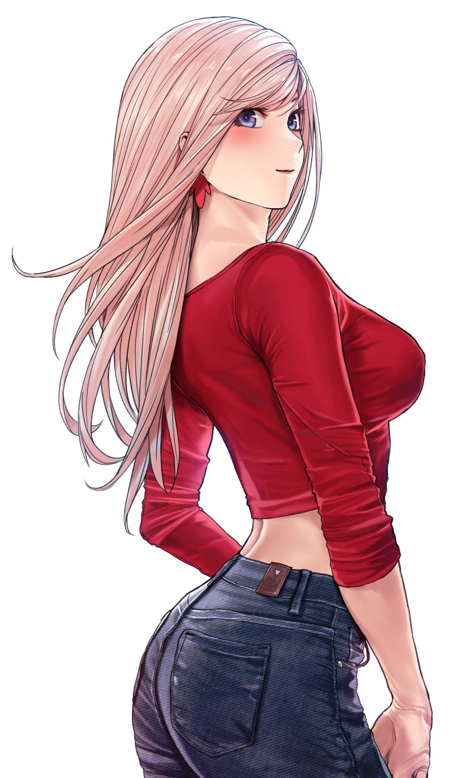1girl applekun arched_back blue_panties blush breasts denim earrings fate/grand_order fate_(series) feather_earrings feathers hair_blowing highres jeans jewelry lipstick long_hair long_sleeves looking_at_viewer looking_back makeup medium_breasts miyamoto_musashi_(fate) panties pants pink_hair red_shirt shirt simple_background sleeves_rolled_up smile solo underwear violet_eyes white_background