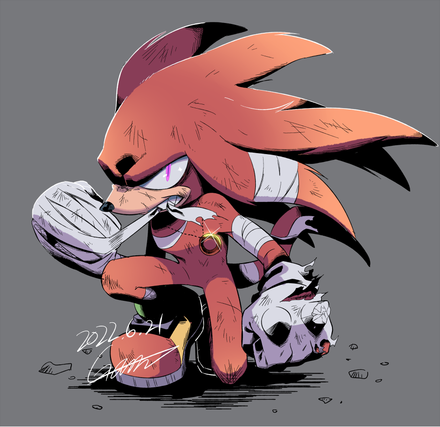 1boy artist_name bandages boots dust fang gareki_sh grey_background injury jewelry kneeling knuckles_the_echidna looking_at_viewer male_focus multicolored_fur necklace pink_hair red_fur ring rock sharp_teeth signature simple_background solo sonic_(series) teeth torn_clothes white_fur
