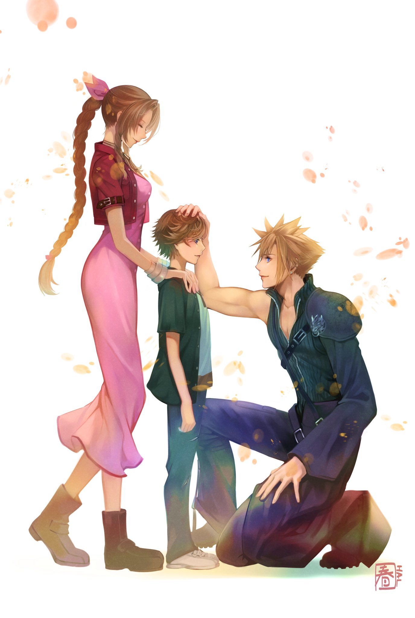 1girl 2boys aerith_gainsborough bangle bangs black_pants black_shirt blonde_hair blue_eyes boots bracelet braid braided_ponytail breasts buttons chest_strap choker closed_eyes cloud_strife cropped_jacket denzel dress earrings final_fantasy final_fantasy_vii final_fantasy_vii_advent_children full_body green_shirt grey_pants hair_between_eyes hair_ribbon halu-ca hand_on_another's_head hand_on_own_leg hands_on_another's_shoulders highres jacket jewelry long_dress long_sleeves looking_at_another male_child medium_breasts multiple_boys muscular muscular_male one_knee open_clothes open_shirt pants parted_bangs pink_dress profile red_jacket ribbon shirt short_hair short_sleeves sidelocks single_earring smile spiky_hair standing wavy_hair white_background white_shirt