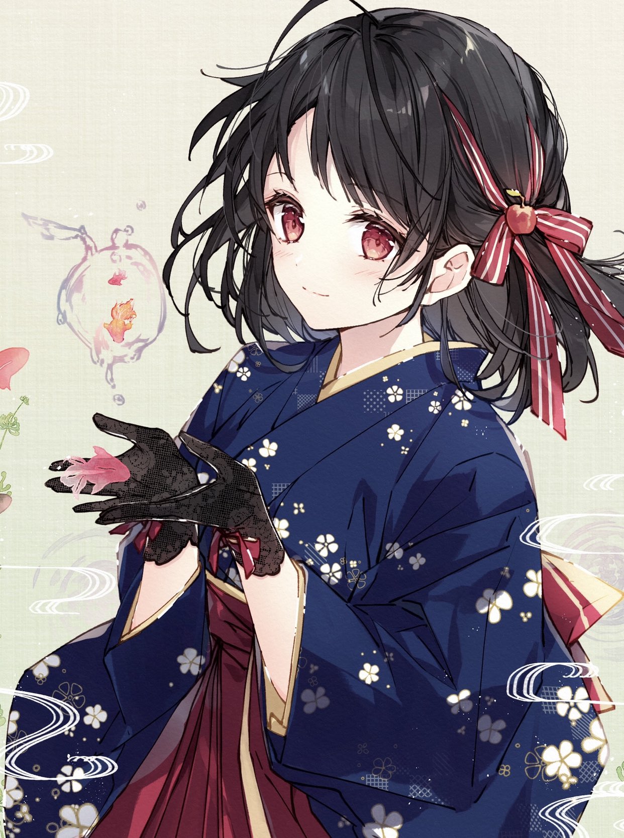 1girl apple_hair_ornament bangs black_gloves black_hair blue_kimono blush bow closed_mouth commentary fish fish_request floral_print flying_fish food-themed_hair_ornament gloves grey_background hair_bow hair_ornament hakama hakama_skirt hands_up highres japanese_clothes kimono long_hair long_sleeves mochizuki_shiina original parted_bangs print_kimono red_bow red_eyes red_hakama skirt smile solo striped striped_bow symbol-only_commentary unmoving_pattern wide_sleeves