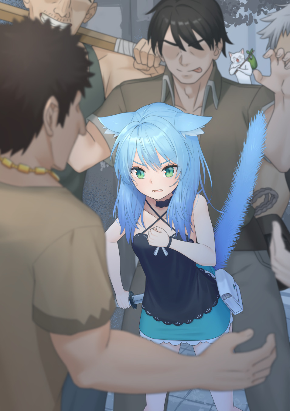 4boys :p animal_ears black_choker black_shirt blue_hair blue_skirt cat cat_ears choker clenched_teeth dagger ears_down faceless faceless_male green_eyes grin highres holding holding_dagger holding_weapon knife mao_lian_(nekokao) miniskirt multiple_boys original pouch shirt skirt smile tail_raised teeth tongue tongue_out weapon