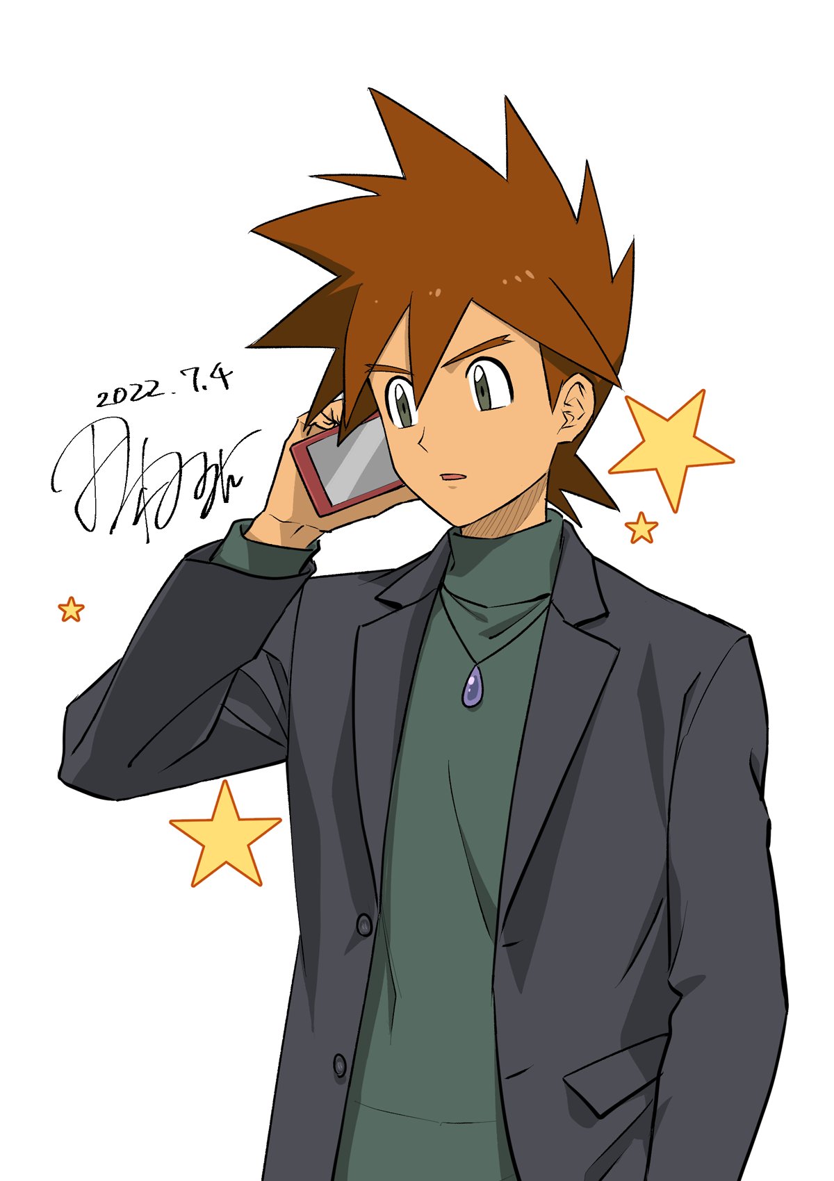 1boy black_jacket brown_hair buttons commentary_request dated gary_oak green_shirt hand_up highres holding holding_phone jacket jewelry long_sleeves male_focus necklace older one-hour_drawing_challenge open_clothes open_jacket phone pokemon pokemon_(anime) shirt short_hair signature solo spiky_hair star_(symbol) tamura_(kouititamura) upper_body white_background