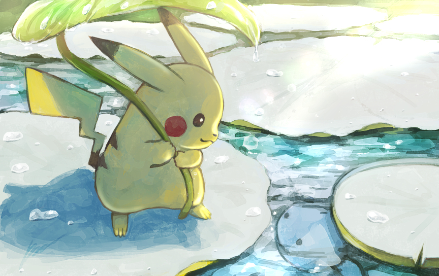 closed_mouth commentary_request eye_contact holding holding_leaf leaf lily_pad looking_at_another no_humans pikachu pokemon pokemon_(creature) sagemaru-br smile standing water water_drop wooper