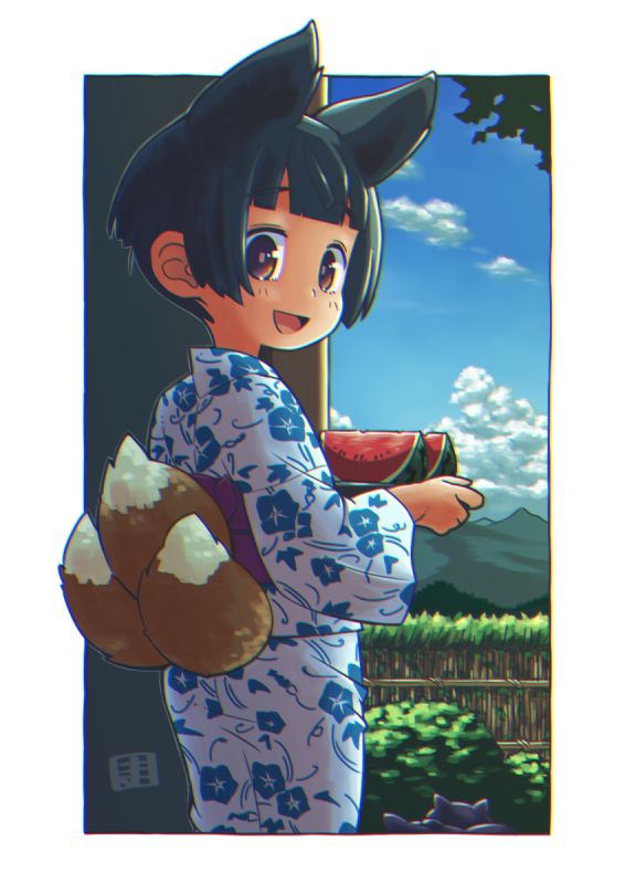 1girl :d animal_ears bangs black_hair blue_sky blunt_bangs blush brown_eyes clouds commentary day fence floral_print fox_ears fox_girl fox_tail from_behind holding holding_tray japanese_clothes kimono kitsune kukuri_(mawaru) looking_at_viewer looking_back mawaru_(mawaru) mountain original print_kimono revision short_hair sky smile solo standing tail tray watermelon_slice white_kimono