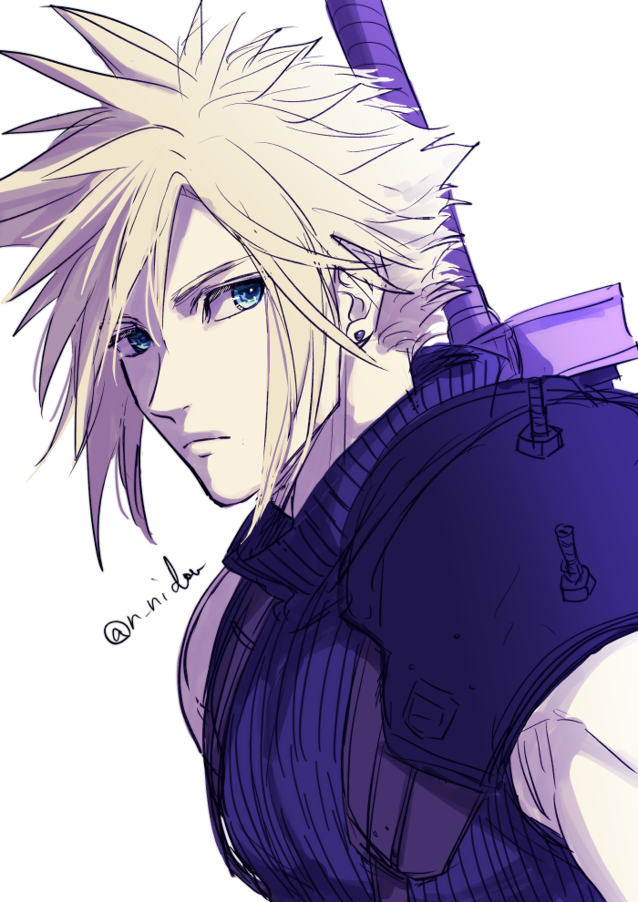 1boy armor blonde_hair blue_eyes buster_sword closed_mouth cloud_strife clouds cloudy_sky earrings final_fantasy final_fantasy_vii final_fantasy_vii_remake jewelry looking_at_viewer nidou_(rechlo) shoulder_armor sky sleeveless sleeveless_turtleneck solo spiky_hair turtleneck twitter_username upper_body weapon weapon_on_back white_background