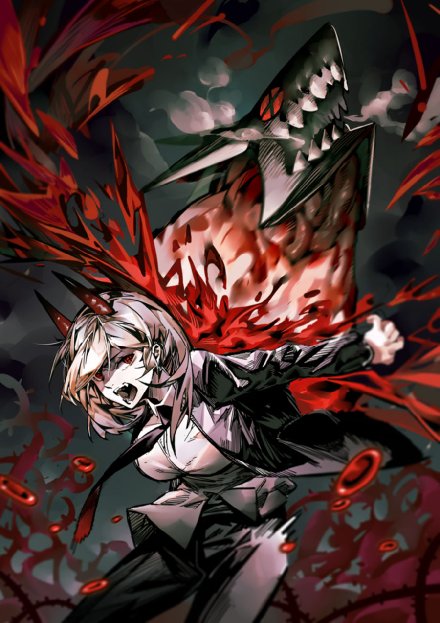 1girl black_necktie blonde_hair blood blood_drop breath chainsaw_man fangs formal gradient hair_between_eyes hare_(yamihuji) hatching_(texture) highres horns long_hair monster multicolored_clothes necktie open_clothes open_mouth plant power_(chainsaw_man) red_eyes red_horns red_necktie sharp_teeth speed_lines suit symbol-shaped_pupils teeth thorns tongue vines