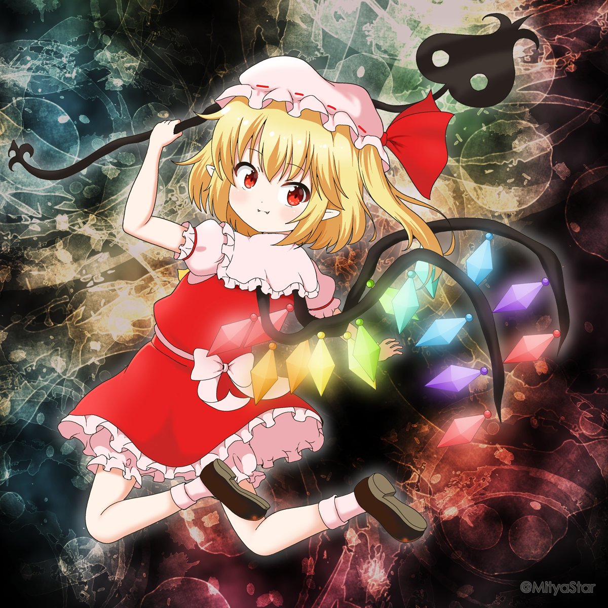 1girl arm_up bangs black_footwear blonde_hair bloomers blush closed_mouth commentary_request crystal fangs fangs_out flandre_day flandre_scarlet frilled_skirt frills from_behind full_body hair_between_eyes hat highres holding looking_at_viewer looking_back mitya mob_cap one_side_up puffy_short_sleeves puffy_sleeves red_eyes red_ribbon red_skirt red_vest ribbon ribbon-trimmed_headwear ribbon_trim shirt shoe_soles shoes short_sleeves skirt skirt_set smile socks solo touhou twitter_username underwear vest white_bloomers white_headwear white_legwear white_shirt wings