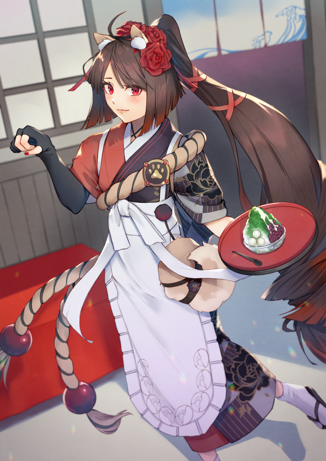 1girl animal_ears apron black_gloves bowl brown_hair dog_ears elbow_gloves fate/grand_order fate_(series) gloves gradient_hair highres holding holding_tray japanese_clothes kyokutei_bakin_(fate) long_hair multicolored_hair nakaga_eri partially_fingerless_gloves ponytail red_eyes red_nails redhead single_elbow_glove solo tabi tray very_long_hair waist_apron white_apron white_legwear zouri