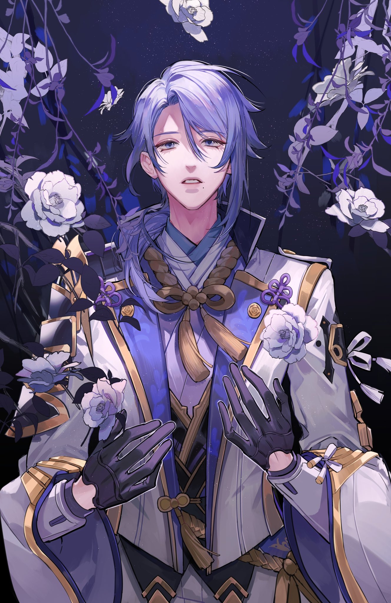 1boy bangs black_gloves blue_eyes blue_hair dark_background floral_background flower genshin_impact gloves hair_between_eyes hand_up highres japanese_clothes kamisato_ayato kkkktzr1 long_hair looking_at_viewer male_focus mole mole_under_mouth parted_lips ponytail solo teeth