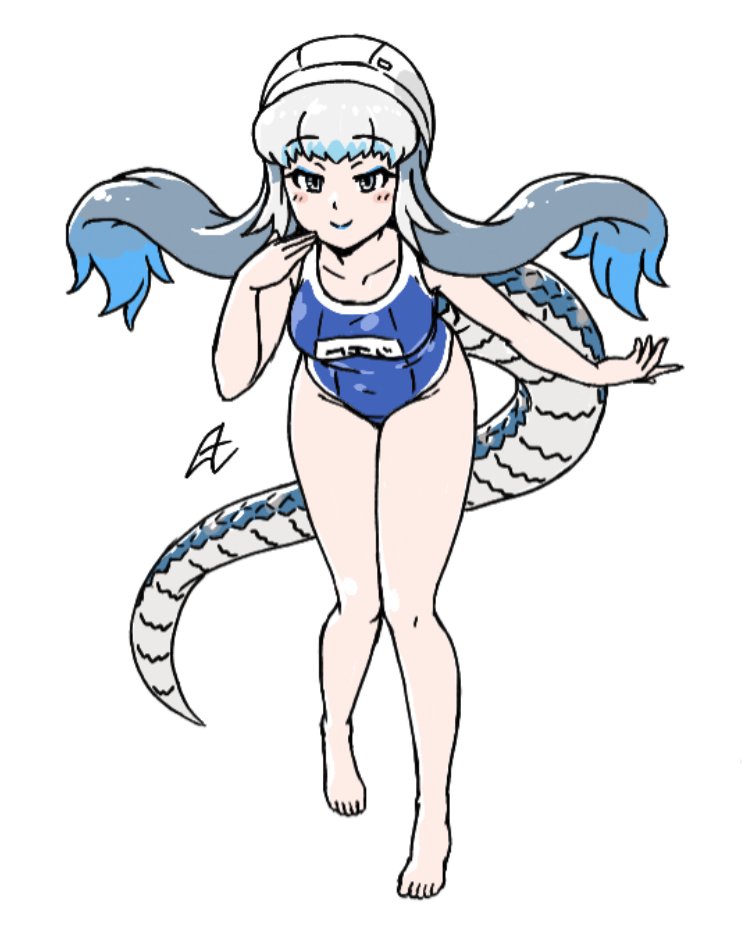 acesrulez alternate_costume bare_arms bare_legs bare_shoulders barefoot blue_hair blue_lips blue_swimsuit blush collarbone full_body kemono_friends komodo_dragon_(kemono_friends) lizard_tail long_hair looking_at_viewer multicolored_hair name_tag one-piece_swimsuit reptile_girl school_swimsuit swim_cap swimsuit tail twintails yellow_eyes
