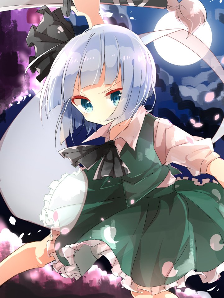 1girl black_ribbon blue_eyes bob_cut cherry_blossoms commentary feet_out_of_frame fighting_stance frilled_skirt frills full_moon green_skirt green_vest grey_hair hat hat_ribbon holding holding_sword holding_weapon katana konpaku_youmu konpaku_youmu_(ghost) legs_apart looking_at_viewer moon neck_ribbon night nikorashi-ka petals ribbon shirt short_hair short_sleeves skirt skirt_set solo sword touhou v-shaped_eyebrows vest weapon white_shirt wing_collar