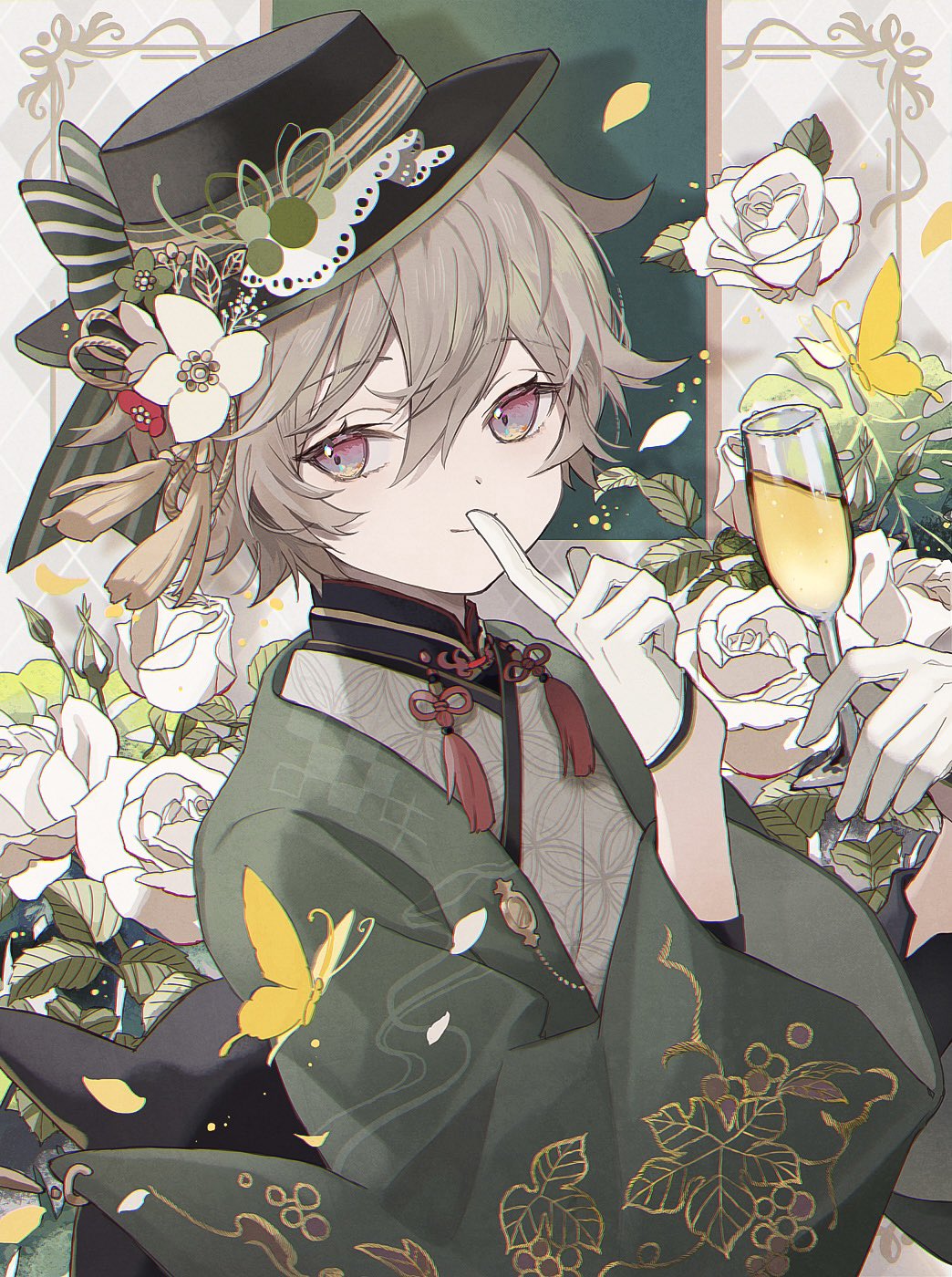 1boy alcohol brown_hair bug butterfly clothing_request finger_to_mouth flower glass hat highres japanese_clothes long_sleeves looking_at_viewer male_focus namiki_itsuki original pink_eyes rose short_hair shushing smile solo white_flower white_rose
