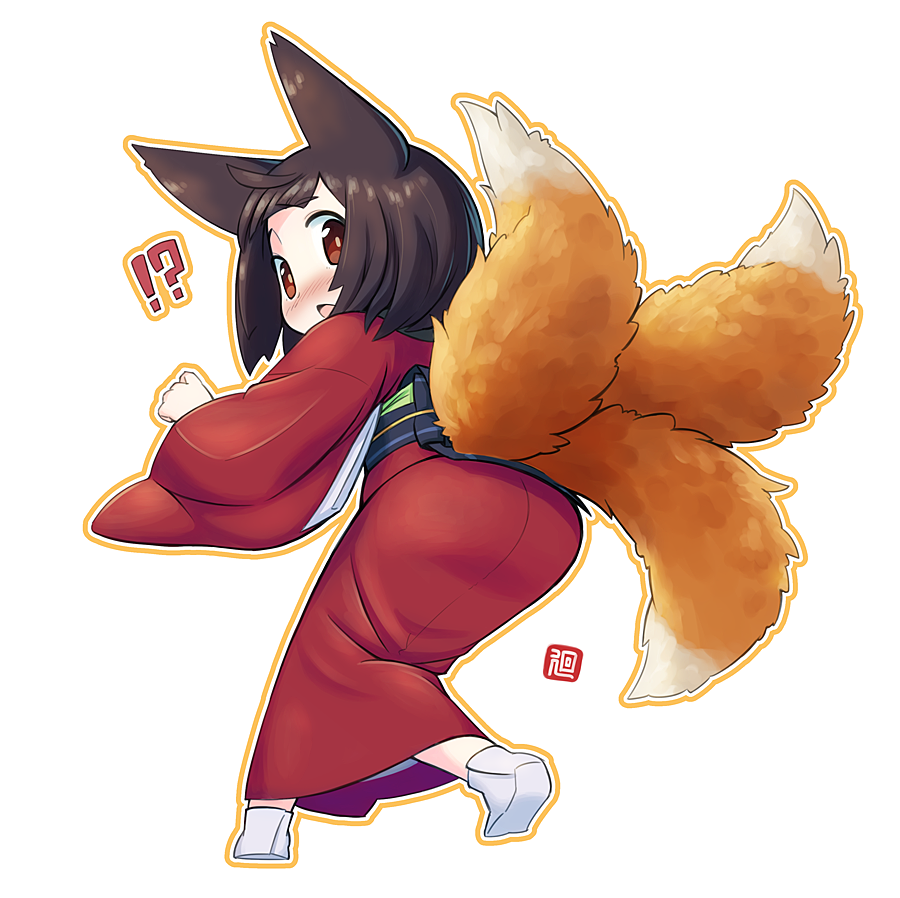 !? 1girl animal_ears bangs black_hair blush bob_cut fox_ears fox_girl fox_tail from_behind full_body japanese_clothes kimono kukuri_(mawaru) long_sleeves looking_at_viewer looking_back mawaru_(mawaru) open_mouth original red_eyes red_kimono short_hair simple_background solo surprised tail white_background white_legwear