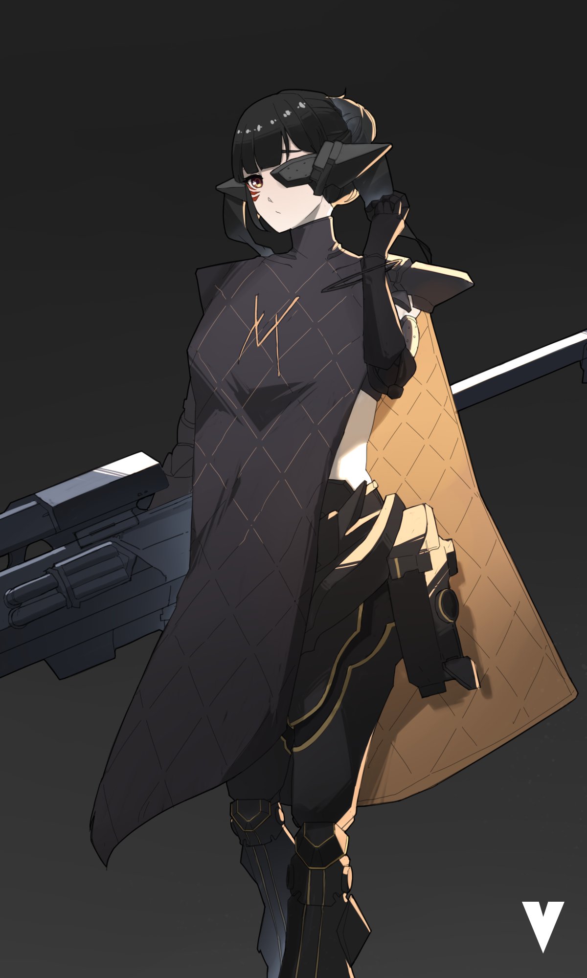 1girl alternate_hairstyle arm_up bangs black_background black_dress black_hair closed_mouth dress english_commentary expressionless feet_out_of_frame girls_frontline gun hair_bun highres holding holding_gun holding_weapon looking_at_viewer mechanical_legs nyto_(girls'_frontline) red_eyes single_hair_bun solo standing variasii weapon