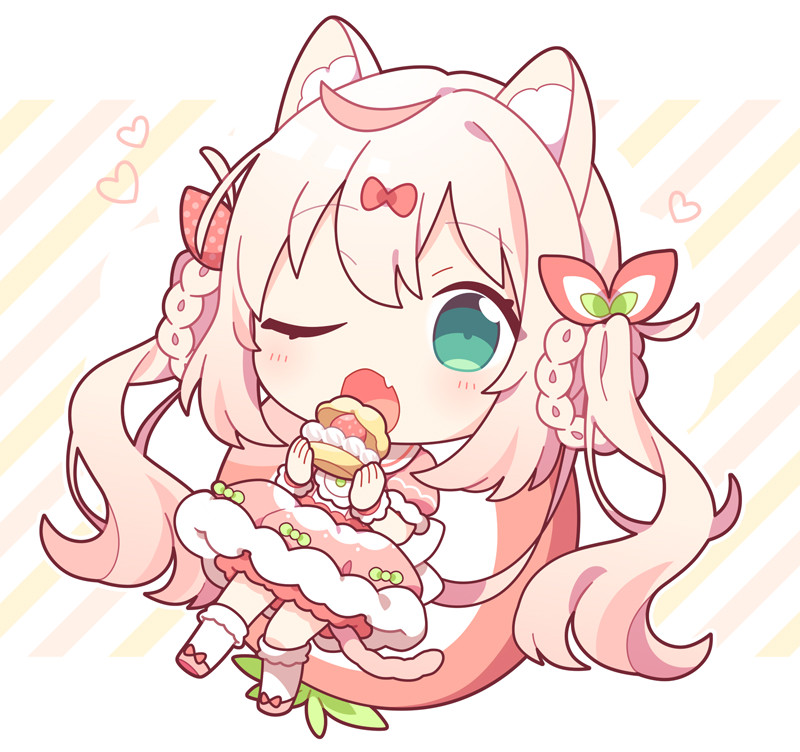 1girl :o ahoge animal_ear_fluff animal_ears back_bow blush bow braid cat_ears cat_girl cat_tail chibi cream_puff dress fang food food-themed_hair_ornament fruit fur_trim green_eyes hair_bow hair_ornament hair_rings holding holding_food koguma105 one_eye_closed open_mouth original pink_hair short_sleeves socks solo strawberry strawberry_hair_ornament tail twintails wrist_cuffs